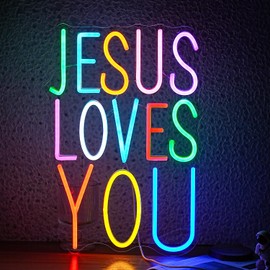 JLEWUINH Jesus Loves You Neon sign Colorful Led Letters Sign Neon Light for Wall Decor Dimmable Jesus Light Up Sign for Home Christ Church Wedding Birthday Party Decor(USB Power)