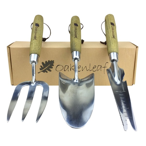 Oakenleaf 3 Piece Garden Tool Set Extra Large Stainless Steel with Timber Handle Trowel Fork and Multitool