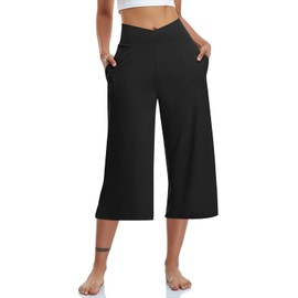TARSE Womens Casual Wide Leg Yoga Capris Summer Crossover High Waist Capri Pants Loose Soft Pajama Pockets Sweatpants(Black,M)