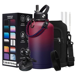 32oz 40oz 64OZ 128oz Vacuum Insulated Water Bottle - Keep Hot Cold Vacuum Flasks with Straw & Spout Lids, Paracord Handle, Water Bottler Carrier Holder & Protective Cup Mat, 1.8L Stainless Steel Water Jug Vacuum Insulated - Color: Black, Size: 32oz