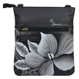 Anna by Anuschka Women's Midnight Floral Black Leather Slim Cross Shoulder Bag-Hand Painted Original Artwork Exterior, One Size