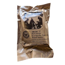 Genuine USGI Individual MRE [Meal, Ready to Eat] Inspection Date 01/2024 or Newer - You Choose Menu - Ration with Entree, Snacks, Dessert, Drink Mix, Utensils, Condiments and FRH. (#7 Beef Strips)