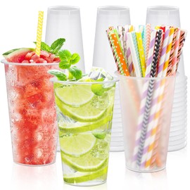 50 Piece Party Cups Set 500 ml Drinking Cups Plastic with 50 Pieces Straw, Plastic Cups Reusable Shatterproof Plastic Cups 0.5 L Plastic for Drinks Parties, Restaurants Birthday, Wedding, Camping