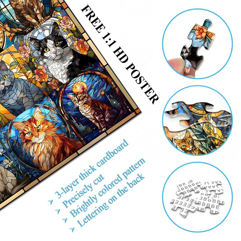 Stained Glass Puzzle Cat Puzzles for Adults 1000 Pieces, Colorful
