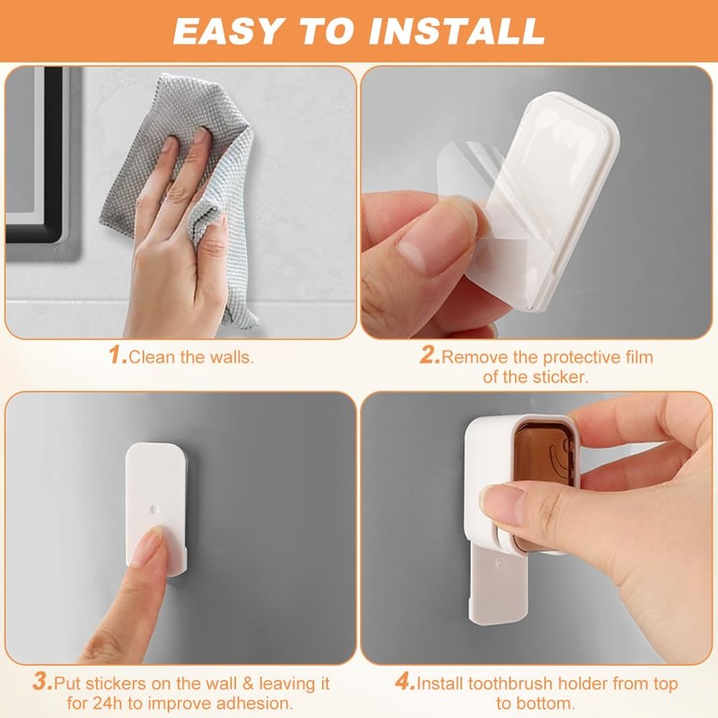 3‑Pack Wall‑Mount Toothbrush Holders with Flip‑Cover,No‑Drill Adhesive Single‑Slot Bathroom Organizer