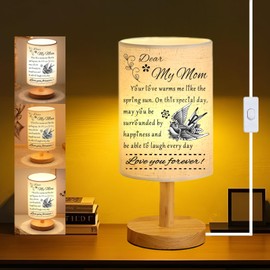 Gifts for Mom from Daughter Son, Mom Birthday Gifts - 3 Colors Night Stand Light Lamp, Bedside Table Lamp with Wood Base Round Flaxen Fabric Shade, Mothers Day Anniversary Birthday Present for Mom