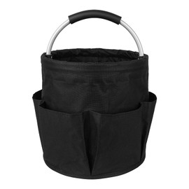 Feroist Garden Tool Storage Bucket, Portable Organizer with Multiple Pockets, Black Canvas with Aluminum Handle (Black)