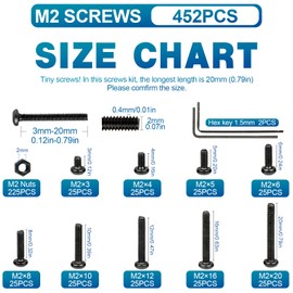 NINDEJIN M2 Button Head Hex Socket Cap Screws Bolts, M2 x 3/4/5/6/8/10/12/16/20mm Screw and Nuts Assortment Kit, 10.9 Carbon Steel Fully Machine Thread