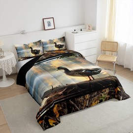 Feelyou Mallard Duck Bedding Set Queen Size Kids Wild Animal Comforter Cover for Boys Girls Teens Country Rustic Cabin Duvet Cover Brown Black Quilt Set Breathable Soft Lightweight Microfiber