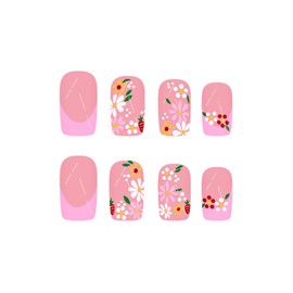 SINHOT Square Press on Nails Short - Daisy Flower Fake Nails Glossy Glue on Nails Pink French Tip Nails Summer Squoval Artificial Nails Stick on False Nails with Design 24pcs