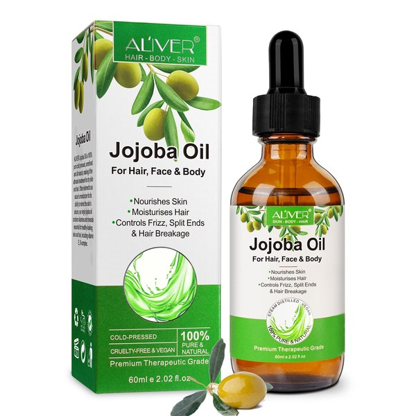 Jojoba Oil, 100% Pure Natural Jojoba Oil for Hair, Treatment for Damaged Hair, Dry Skin, Cold Pressed Oil for Hair, Beard, Nails and Skin 60 ml