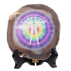 KYEYGWO 7 Chakra Agate Discs Ornament with Wooden Stand, Irregular Agate Slices Gemstone Reiki Healing Stone Feng Shui Decoration for Meditation, Amulet, Chakra Balance