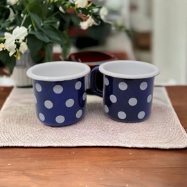 Madacha 2 x Metal Enamel Mugs 250ml Blue with White Dots and White Piping DE00320