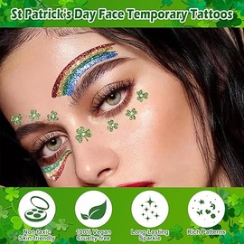 Yosca 6Pcs St Patricks Day Temporary Tattoos, Green Clover Face Stickers for St. Patrick's Day Glitter Makeup, Self Adhesive Shamrock Face Tattoos Art Sticker for Parade Irish Party Rave Accessories