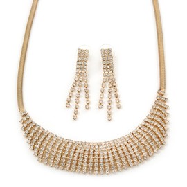 Avalaya Bridal/Wedding/Prom Clear Austrian Crystal Collar Necklace And Drop Earrings Set In Gold Tone - 32cm L/ 7cm Ext