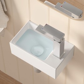 KES Floating Sink Right Hand Bathroom 12" X 7" for Tiny Bathrooms Waterfall Bathroom Faucet with Sink Drain No Overflow, BWS100R+L3209LFF12-BK-C2