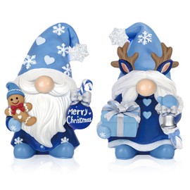 Menkxi 2 Pcs Winter Christmas Gnomes Figurines Rustic Scandinavian Nordic Elf Figurine Wooden Snowy Blue Gnome Tabletop Decoration Set for Winter Holiday Table Centerpieces Xmas Gift Party Supplies
