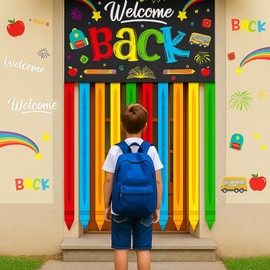 Remagr Welcome Back to School Door Cover Decoration 59 x 35.5 Inch First Day of School Hanging Banner Wall Decoration Photo Background for Classroom Party Supplies with Rope