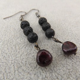Pemby Studio GARNET & BLACK LAVA BEADS Dangle Earrings Bronze Tone Goth Wicca Pagan Occult