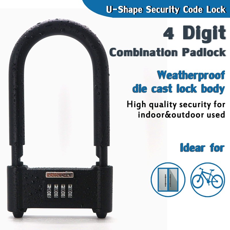 4 Digit Combination Padlock, Heavy Duty Anti Theft U-Shape Security