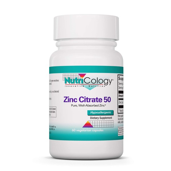 NutriCology Zinc Citrate 50 mg - Immune, Bone Support - 60 Vegetarian Capsules