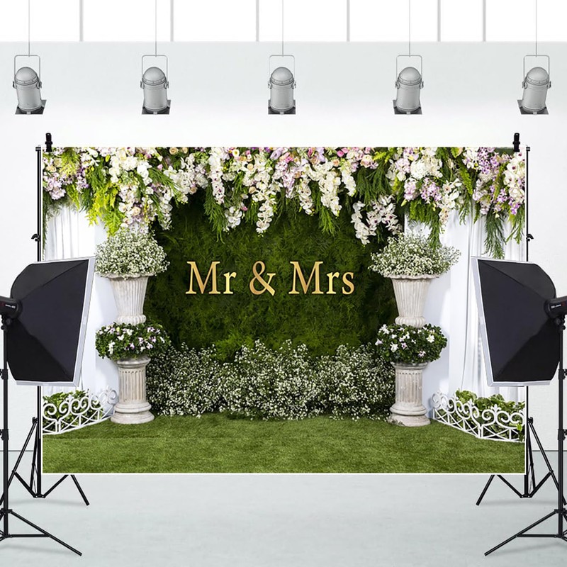 CRTPOD Wedding Backdrop Mr and Mrs White Curtain Floral Grass