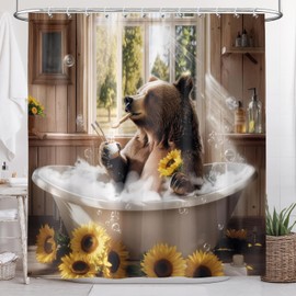 Aeivice Bear Shower Curtain Funny Farmhouse Cabin Wildlife Sunflower Shower Curtain Set, Western Rustic Animal Bathing in Bathtub Bubbles Cute Fabric Bathroom Accessories with 12PCS Hooks 72X72IN