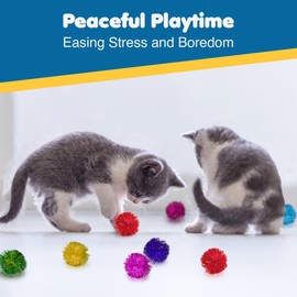 SunGrow Cat Pom Pom Balls, 20 Multi-Colored Shiny Enrichment Tinsel Pom Poms, 1” Tight Woven Yarn, Fuzzy Flash Balls for Indoor Kitten, Assorted Soft Glitter Orbs for Feline's Body and Brain Workout