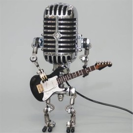 Xmpmrp Vintage Microphone Robot Lamp, Metal Microphone Robot Lamp with Mini Guitar, Vintage Light Home Decor Nightstand Desk Lamp for Bedroom, Bar, Restauran (Black)