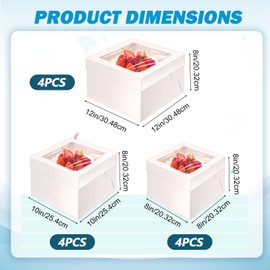 Lemecima 12 Pcs Cake Box, Tall Cake Boxes with Window in 3 Sizes 12x12x8 10x10x8 8x8x8 Inches, Bakery Boxes Disposable Carrier Take Out Container, 2 or 3 Tier for Valentine's Day Mother's Day