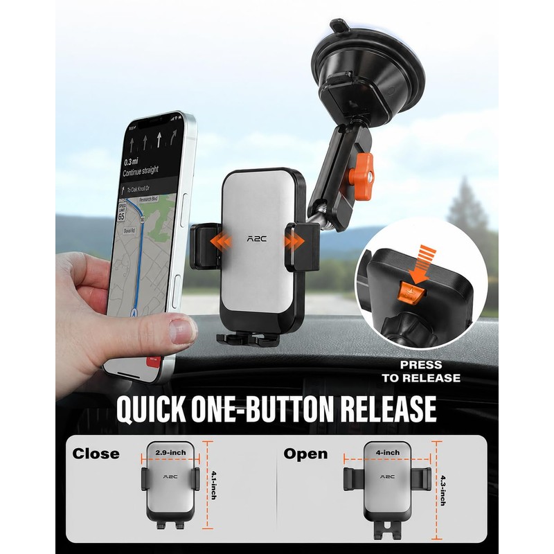 A2C 12" Anti-Shake Metal Arm Windshield Phone Mount, Suction Phone