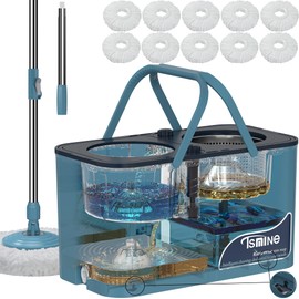 Gen 1 Large-Capacity Spin Mop and Bucket – for Big Homes & Deep Cleaning Days,4-Chamber System Separates Dirty & Clean Water, 2-GAL Heavy-Duty Design with Wheels & 10 Refill Mop Heads - Blue/Grey