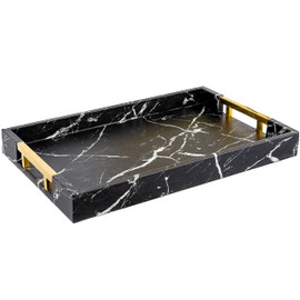 Home Redefined Modern Elegant 18"x12" Rectangle Black Marble Faux Leather Decorative Tray Ottoman Coffee Table Perfume Living Room Kitchen Serving Tray with Gold Polished Handles for All Occasion's