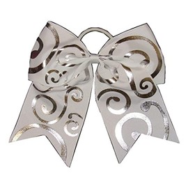 "Silver Swirl White" Cheer Bow Pony Tail Ribbon Hair Bows Cheerleading