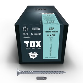TOX Spacer Screws Cap 6.0 x 60 mm, Galvanised Steel Spacer Screw, Millimetre-Accurate Alignment of Wooden Substructures, TX30, Pack of 100, Includes 1x Bit, 114140416060