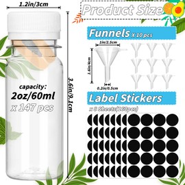 UZLU 165 Pcs 2 oz Small Plastic Juice Bottles with White Caps Mini Clear Ginger Shot Containers with Tamper Proof Lids Reusable Travel Bottles with Funnels Labels for Juice Milk Water Other Beverages