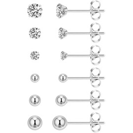 HANCAO 6 Pairs Extra Long Post Earrings Lightweight Small 316L Stainless Steel Stud Earrings for Women Hypoallergenic Cubic Zirconia Ball Ear Piercing Studs for Sensitive Ears (Steel Color)