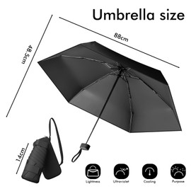 Sykerout Umbrella, Mini Umbrella, Pocket Umbrella, Compact Umbrella, Mini Foldable Travel Umbrella, UV Umbrella with Card Holder with Rope, black