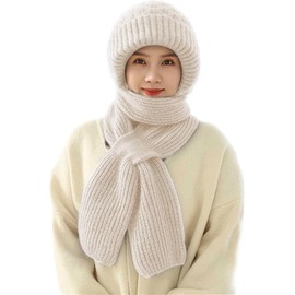Vmhkjo Integrated Ear Protection Windproof Cap Scarf, Knitting Thickening Hat Winter, Winter Fashion Warm Knitted Hat, 2 in 1 cap scarf women, beige, One size