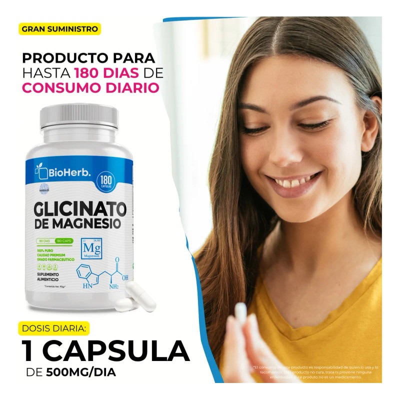 Glicinato De Magnesio 100% Puro Bioherb 180 Cápsulas 500mg Sabor