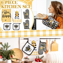 Bencailor 6 Pcs Sunflower Bee Kitchen Towels Oven Mitts and Pot Holders Set Decorative Dish Towels Tea Towels Non Slip Heat Resistant Oven Gloves for Christmas Home Cooking Baking, Vibrant Color