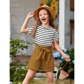 Arshiner Girls 2 Piece Outfit Summer Clothes Cute Drop Shoulder Batwing Sleeve Tops and Paperbag Waist Shorts Set Size 8-9