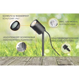 lambado® Compact Garden Light with Ground Spike Including LED 5 W Warm White Dimmable - Black Garden Spotlight Waterproof IP67 for Outdoor Use - Swivelling Includes 1.5 m Cable with Plug