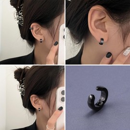 SIISPRI Stainless Steel Mens Womens Clip On Earrings Hoop Huggie Non-Piercing (Black)