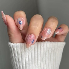Press on Nails Almond Fake Nails Short False Nails with Blue Flower Design Glossy Glue on Nails Full Cover Stick on Nails Nude Acrylic Nails Cute Artificial Nails for Women Manicure 24Pcs
