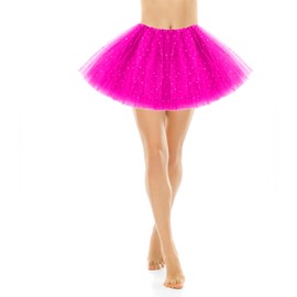 Tutu Skirts for Women Adults Tulle Skirts with Sequin Stars 3 Layered Mesh Skirt with Lining Retro 80s Fancy Dress for Women Bubble Skirt for Rave Costume Party Dance Running Cosplay(Rose red)