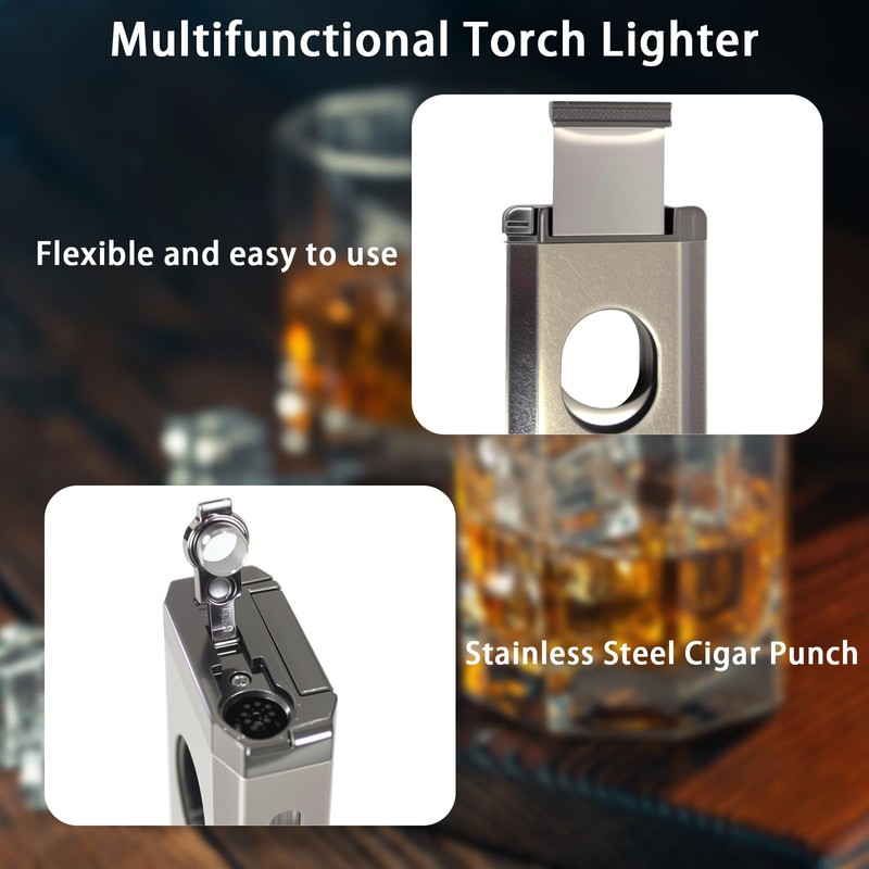 5-in-1 Cigar Lighter Built-in Cigar Punch, Holder, Cigar Draw Enhancer,Cigar