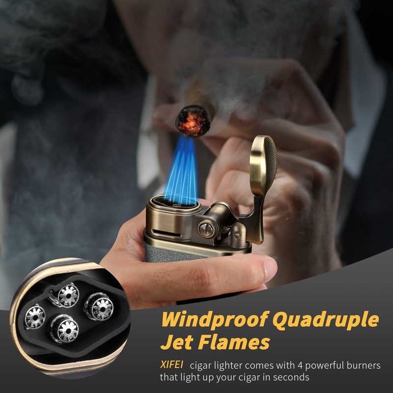 XIFEI Cigar Lighter, 4 Jet Flame Desktop Rocker Arm Lighter