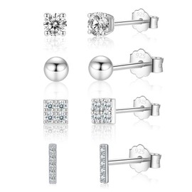 Sterling Silver Stud Earrings for Women, 4 Pairs Silver Hypoallergenic Bar Round CZ Cartilage Tiny Small Stud Earrings Set with Cubic Zirconia for Multiple Piercings, 4mm*4