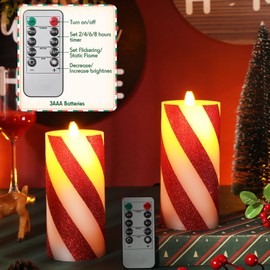 2 Pcs Christmas Flickering Flameless Candy Cane Flame LED Candles 3'' x 6'' Real Wax with Remote Timer Battery Operated Fake Candle Red Wide Glitter Stripe Pillars for Party Decoration